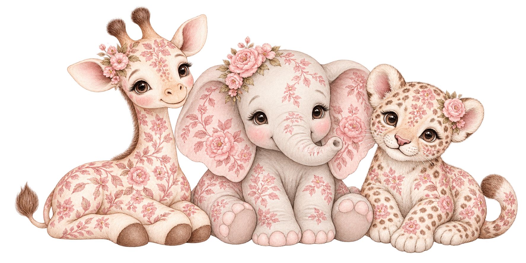 Ilustración decorativa de elefante, jirafa y leopardo en rosa